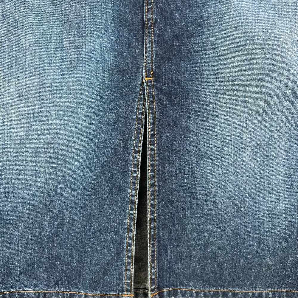 Vintage Y2K high waisted jeans skirt below knee  front slit dark denim Sz3 - Picture 9 of 14